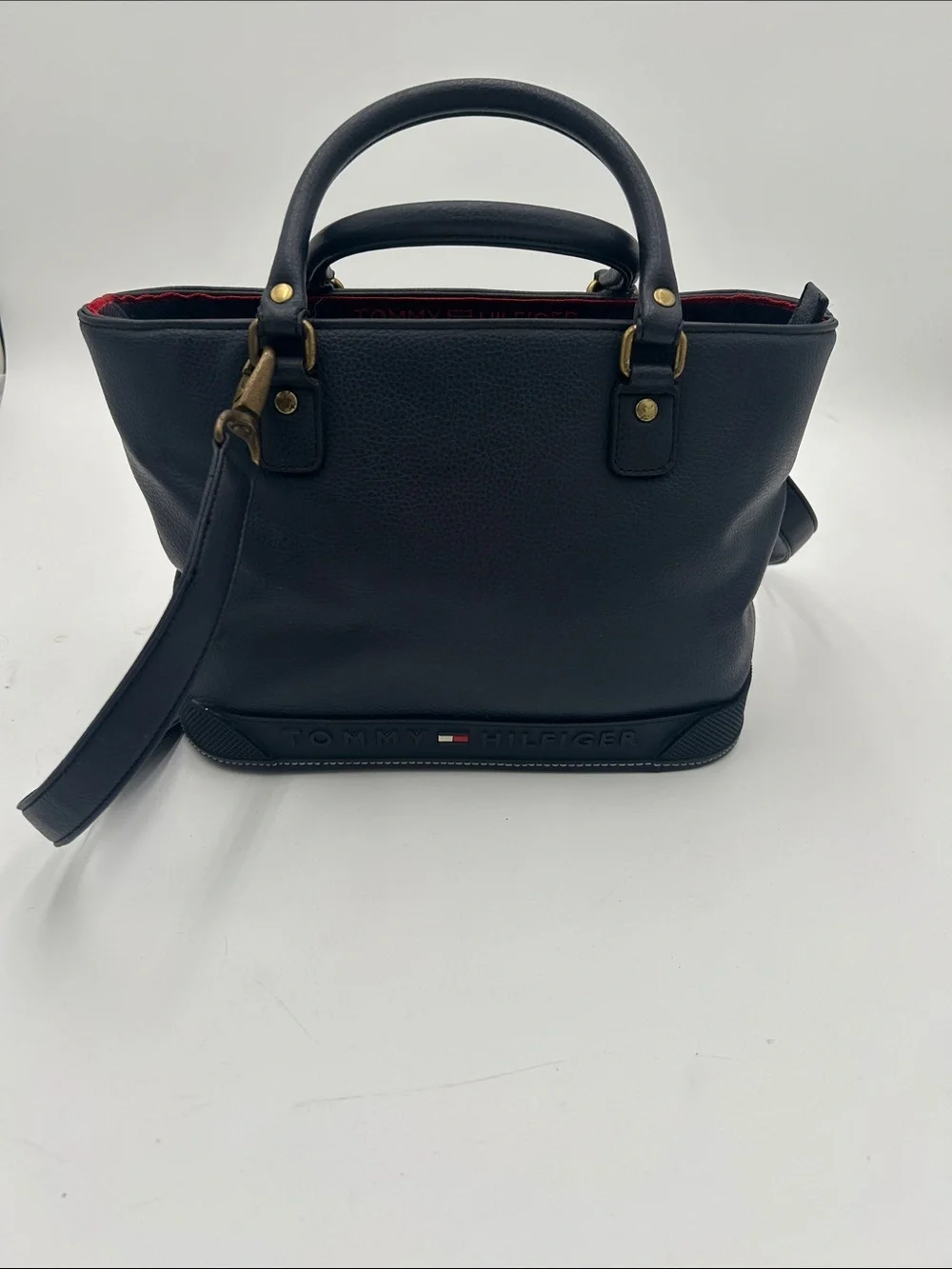 Y2K Tommy Hilfiger Navy Pebbled Leather Tote Bag Detachable Crossbody Strap
